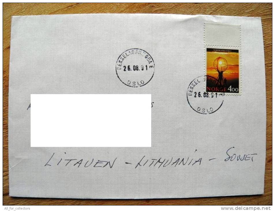 Cover Sent From Norway To Lithuania On 1991, Nordkapplataet Norden Tourism - Covers & Documents