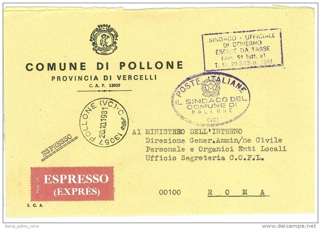 POLLONE  13057 PROV. VERCELLI - ANNO 1981 - TACDT EXP  -  TEMA TOPIC COMUNI D´ITALIA - STORIA POSTALE - Macchine Per Obliterare (EMA)