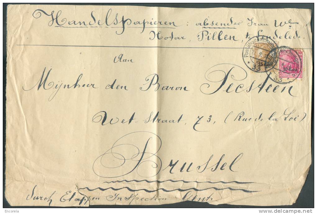 10 + 15 Cent. Obl. Dc POSTÜBERWACHUNGSSTELLE *33* S/Papier D´affaires De LENDELEDE Le 22-9-1918 Vers Bruxelles - 8211 - OC26/37 Staging Zone