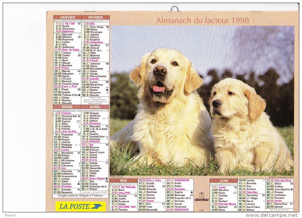 Almanach Du Facteur 1998,  Golden Retriever, Pralognan-la-Vanoise (73), Lac De Lugano (Suisse), OBERTHUR - Grand Format : 1991-00