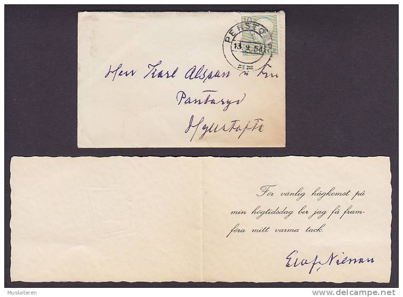 Sweden PERSTORP 1954 'Petite' Cover W. Folded Thank You Card Sent To HYLLSTOFTA (2 Scans) - Storia Postale