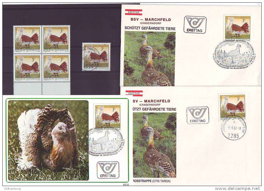 1004e: Schützt Gefährdete Tiere, Österreich 1982, Grosstrappe **-Vierer, O, MK, FDC- Sonderstpl. - Gallinacées & Faisans