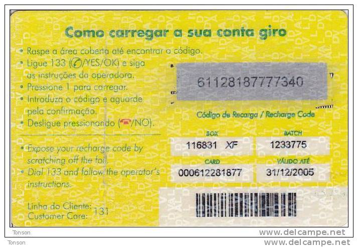 Mozambique, 80.000,00Mt, Giro Recharge Card, 2 Scans.  Expiry : 31/12/2005 - Moçambique