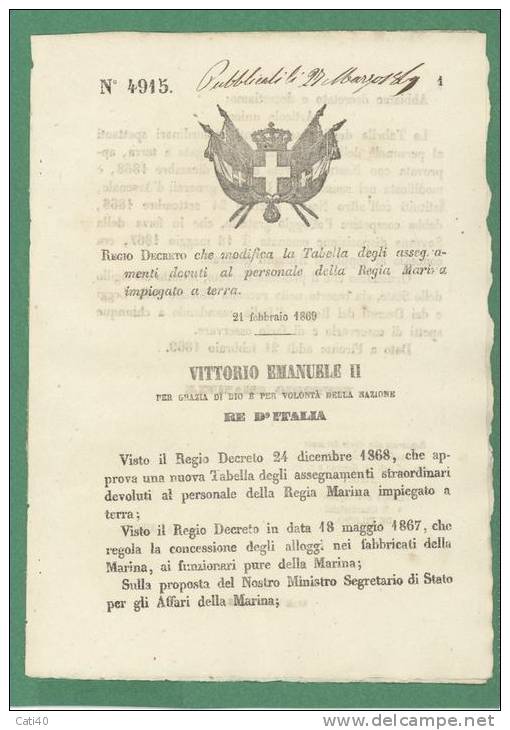 1869  REGIO DECRETO  MILITARE : MODIFICA TABELLA DEL PERSONALE DELLA REGIA MARINA IMPIEGATO A TERRA - Décrets & Lois