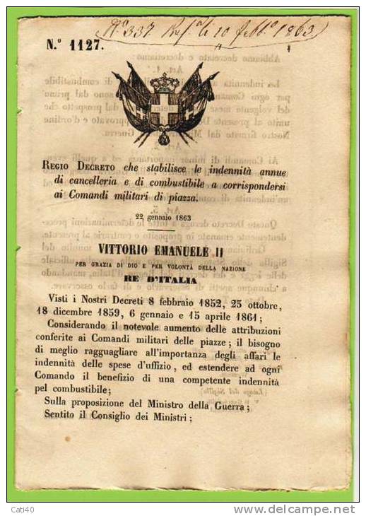 1863  REGIO DECRETO  MILITARE : INDENNITA' ANNUE CASERMAGGIO AI COMANDI MILITARI DI PIAZZA - Décrets & Lois