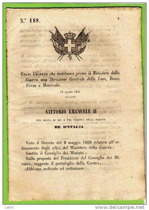 1864  REGIO DECRETO  MILITARE : ISTITUZIONE PRESSO IL MINISTERO DELLA GUERRA DELLE DIREZIONI GENERALI DI LEVA BASSA FORZ - Décrets & Lois