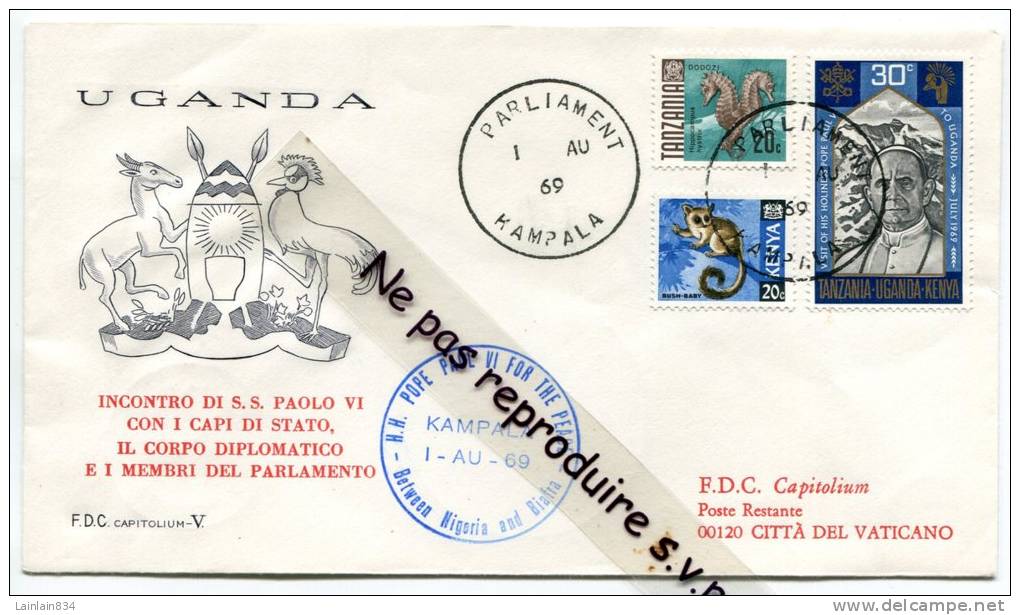 - Cover UGANDA,OUGANDA, 1969, Pape PAUL VI, Cachets Parliament KAMPALA Et Cita Del Vticano, TBE, Scans. - Kenya, Uganda & Tanzania