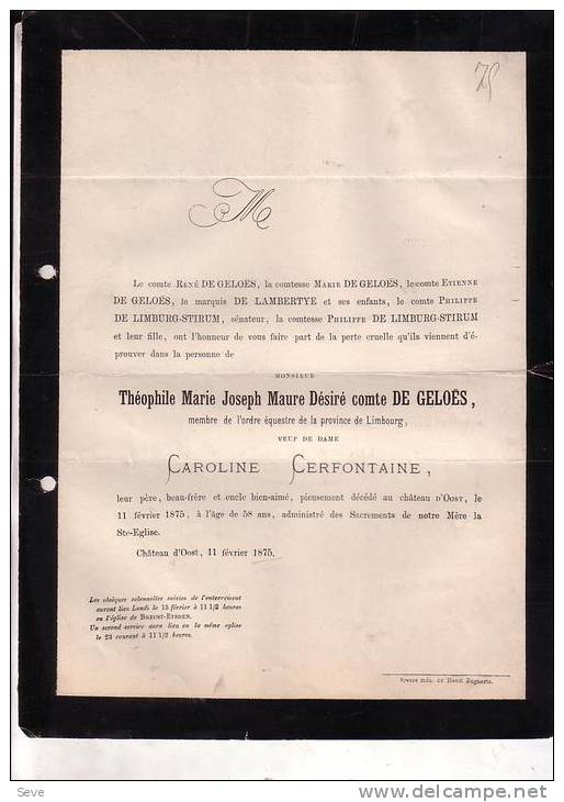 BREUST-EYSDEN Théophile De GELOES Veuf CERFONTAINE 1827-1875 Doodsbrief LIMBOURG LIMBURG EISDEN - Obituary Notices