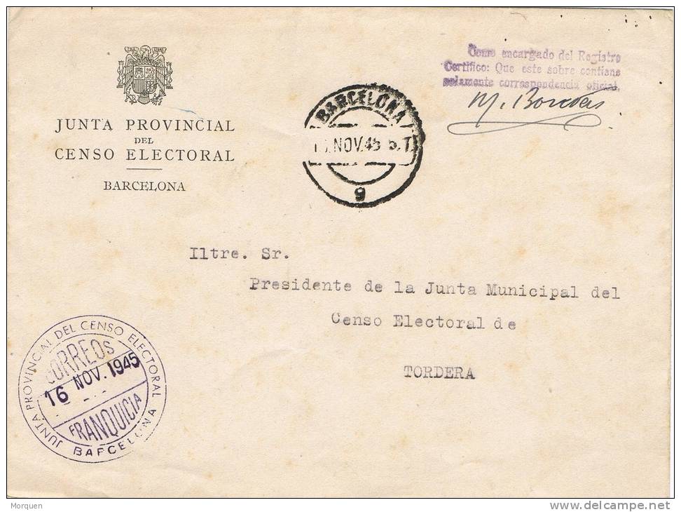 Carta Barcelona 1945. Franquicia Corona Decapitada Censo Electoral - Cartas & Documentos
