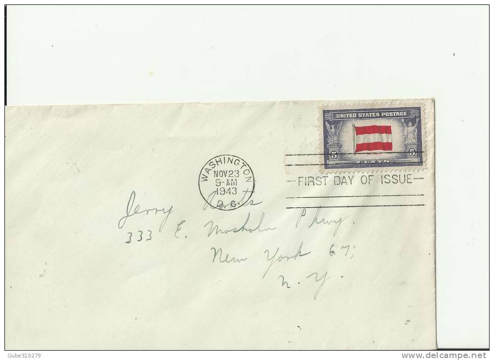 USA -1943 -FDC OVERRUN COUNTRIES SERIES – AUSTRIA   - ADDR. TO N.YORK - NY  W 1 ST OF 5 C,  WASHINGTON –D.C. – NOV 23, R - 1941-1950