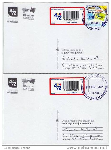 Lote PEP295, Colombia, Dia Mundial Del Correo, Barco,  Postal, 2 Postcards, Unusual Stamp No Commercial Value - Colombia