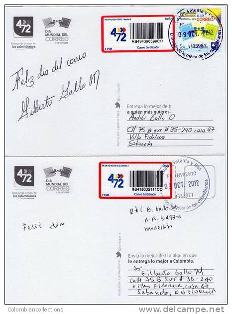 Lote PEP297, Colombia, Dia Mundial Del Correo, Niños,  Postal, 2 Postcards, Unusual Stamp No Commercial Value - Colombie