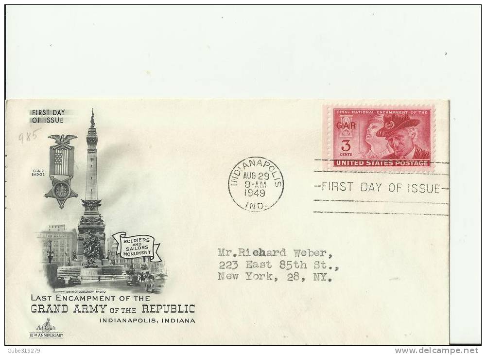 USA -1949 - FDC LAST ENCAMPMENT  OF GRAND ARMY OF THE REPUBLIC – INDIANAPOLIS – INDIANA  W 1 ST  OF 3 C ,INDIANAPOLIS- - 1941-1950