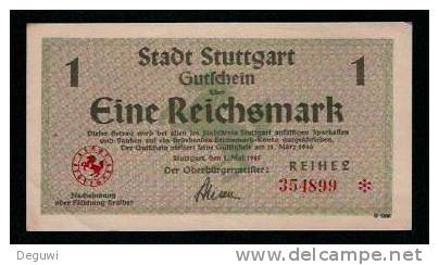 Stuttgart 1 RM 1945, Reihe 2, Leicht Gebraucht, RRR, Nr. 354884 - 10 Mark