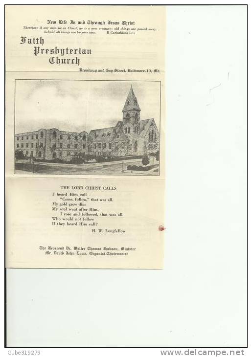 USA -1949 –PROGRAM OF FAITH PRESBYTERIAN CHURCH OF BALTIMORE – MD (Broadway & Gay Street)  SUNDAY MAY 1 – 1949 – CHURCH - Programs