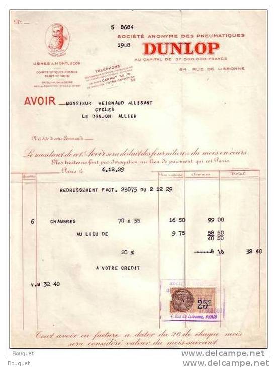 ALLIER - MONTLUCON - SOCIETE ANONYME DES PNEUMATIQUES DUNLOP - AUTOMOBILE - AVOIR - 1929 - Cars