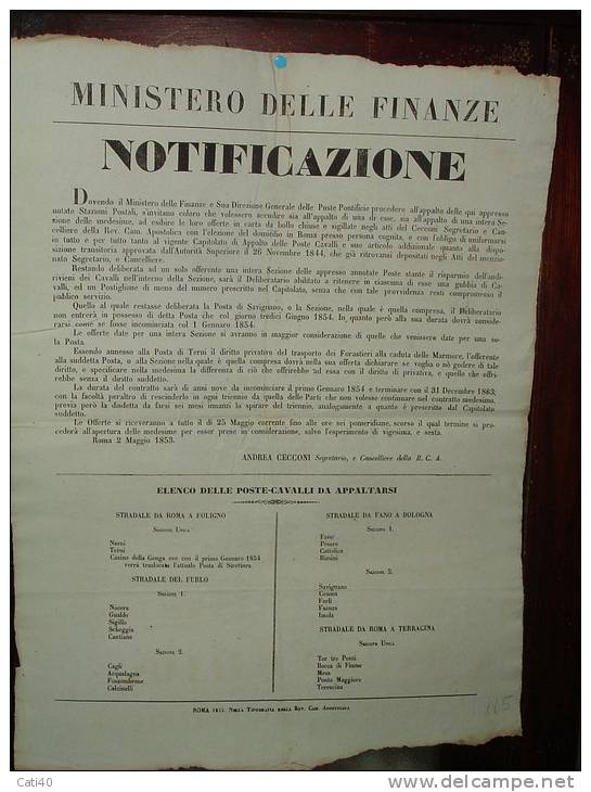 1853 MANIFESTO PONTIFICIO  CON ELENCO DELLE POSTE CAVALLI DA APPALTARSI : NANNI TERNI NOCERA GUALDO CAGLI,ECC.ECC. - Manifesti