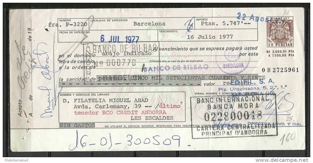 ESPAÑA - LETRA DE CAMBIO , BANCO DE BILBAO  16 JULIO   1.977 (S.G.F) - Letras De Cambio