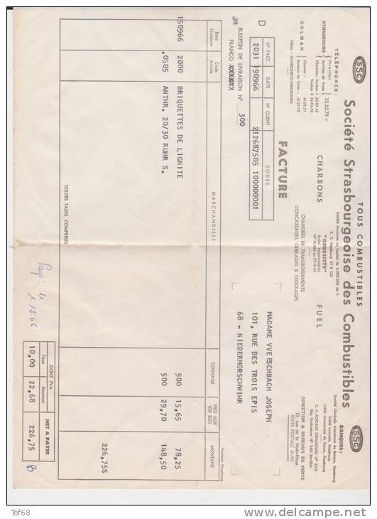 Facture Colmar 1966 Combustibles SSC - Elektriciteit En Gas