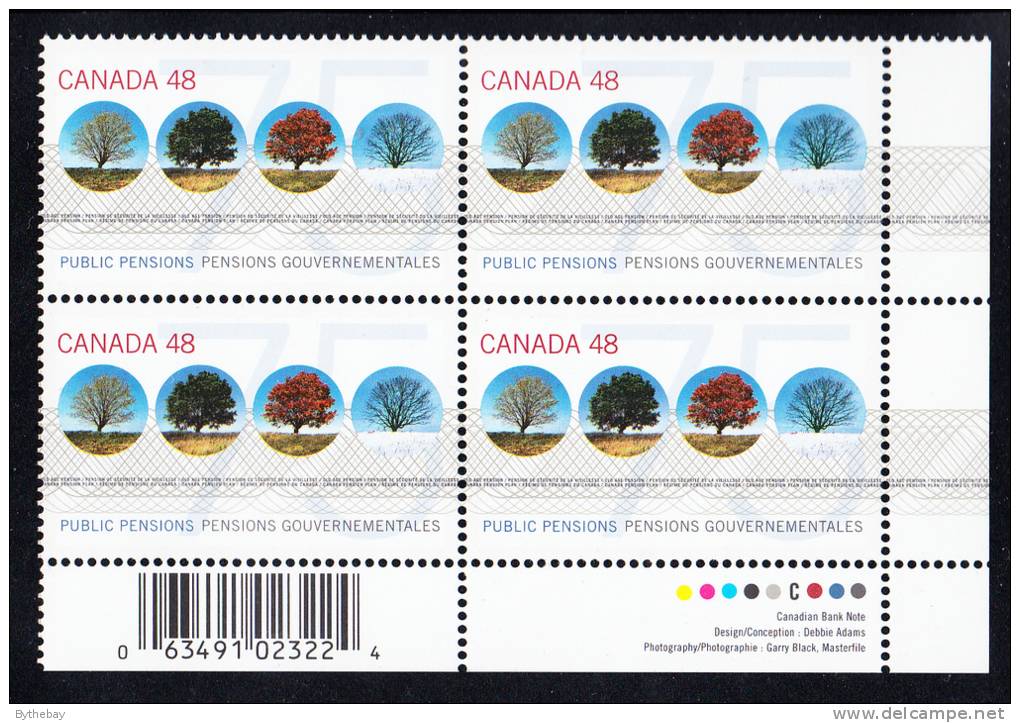 Canada MNH Scott #1959 Lower Right Plate Block With Barcode 48c Tree In Four Seasons - 75th Ann Of Old Age Pension Act - Num. Planches & Inscriptions Marge