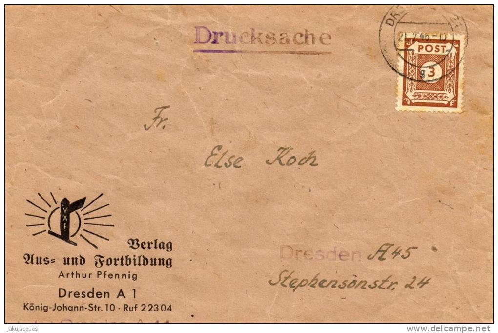 Lettre Allemagne Zone Sovietique Dresden 3 F Tarif Des Imprimes Obliteree 21.2.46 - Privées & Locales