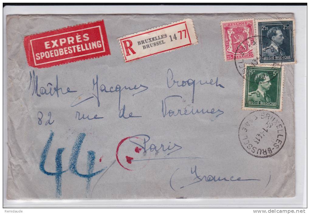 BELGIQUE - 1944 - RARE ENVELOPPE EXPRES De BRUXELLES Pour PARIS Avec CENSURE Et PASSAGE Par PNEUMATIQUE PARIS 44 + 43 - Lettres & Documents