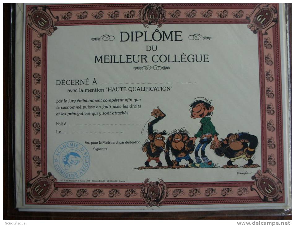 GASTON LAGAFFE  DIPLOME MEILLEUR COLLEGUE   FRANQUIN - Gaston