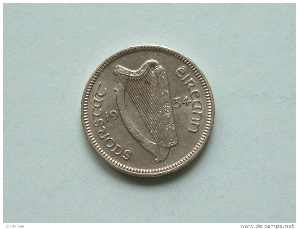 1934 - THREE PENCE / KM 4 ( Uncleaned - For Grade, Please See Photo ) ! - Ierland