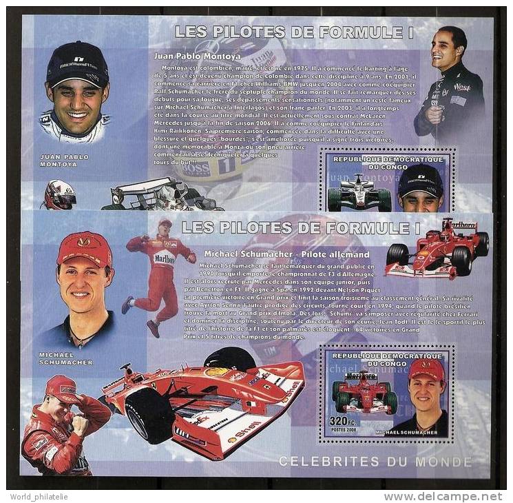 Congo 2006 N° 4 BF ** Automobile, Voitures, Formule 1, Michael Schumacher, Kimi Raikonen, Fernando Alonso, Montoya - Mint/hinged