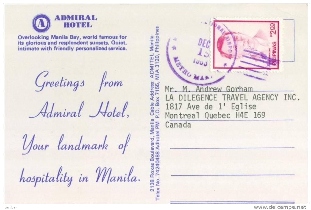 MANILA - Admiral Hotel  Postmarked 1983 From Manila To Canada - Philippinen