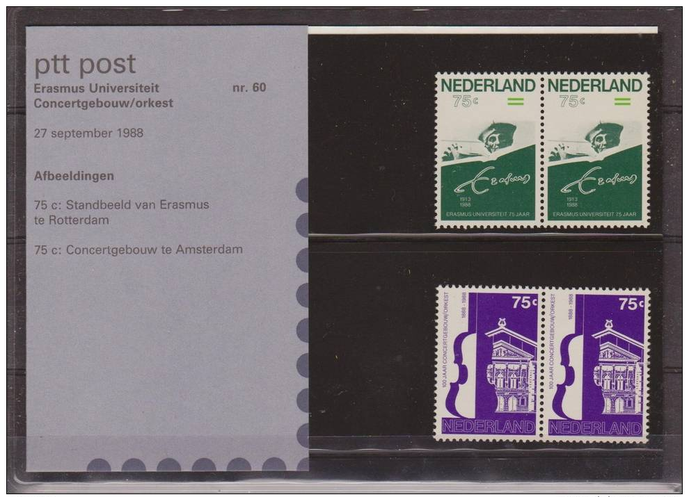 Nederland, Netherlands, 1988, Concerthall Amsterdam, Statue Erasmus Rotterdam, M60, Two Pairs, MNH, *** - Muziek