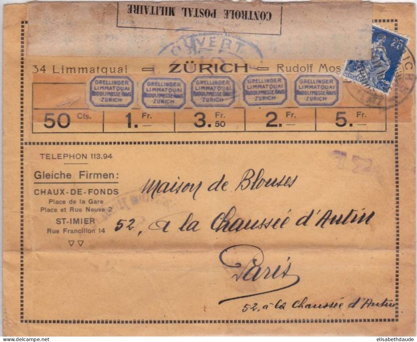 1916 - SUISSE - ENVELOPPE COMMERCIALE ORIGINALE De ZÜRICH Pour PARIS Avec CENSURE - Covers & Documents