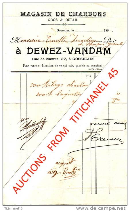 Facture 1890 - GOSSELIES - DEWEZ-VANDAM 37 Rue De Namur à GOSSELIES - Magasin De Charbons - Ex-libris