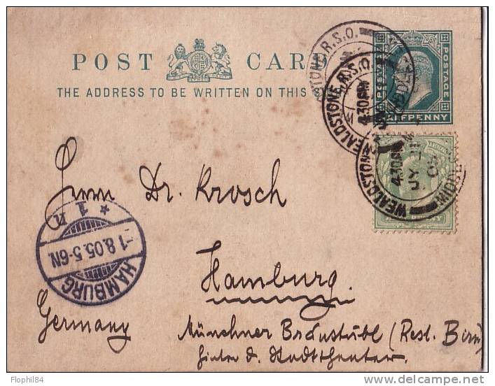 GRANDE BRETAGNE - ENTIER POSTAL WEALDSTONE POUR HAMBOURG ALLEMAGNE DU 1 AOUT 1905. - Entiers Postaux