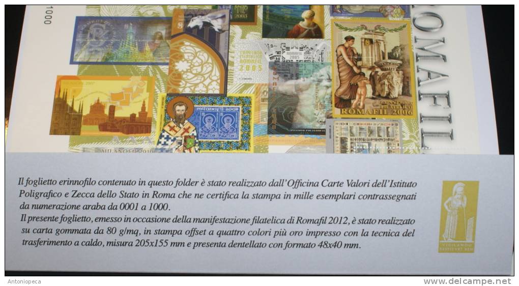ITALIA 2012 FOGLIETTO ERINNOFILO ESPOSIZIONE FILATELICA "ROMA FIL 2012" POLIGRAFICO DELLO STATO - Andere & Zonder Classificatie