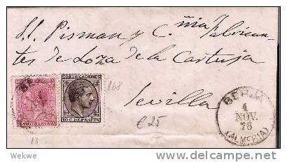 Spk050//  - SPANIEN - Berja (Almeria) 1878 Nach Sevilla, Edifil 168,  Mit Kriegssteuer E.13 - Storia Postale