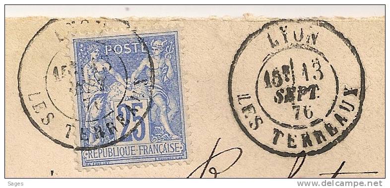 25c Outremer LUXE, Lyon LES TERREAUX Sur Enveloppe SAGE. - 1876-1898 Sage (Tipo II)