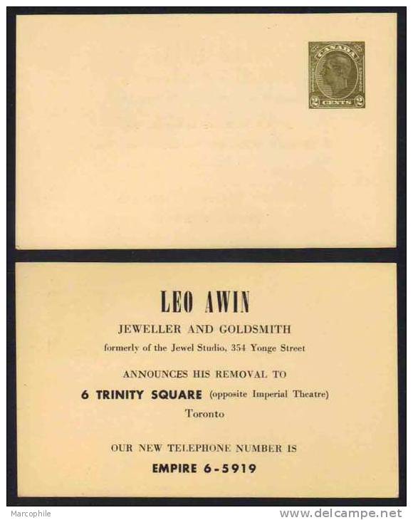 CANADA - TORONTO - OR - BIJOUTERIE / 194? ENTIER POSTAL PUBLICITAIRE TIMBRE SUR COMMANDE (ref 3410) - 1903-1954 Reyes