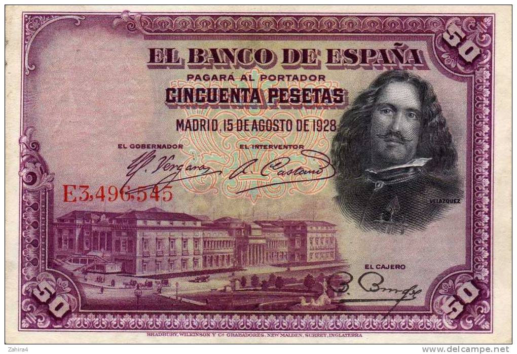 El Banco De Espana - Cincuenta Pesetas - Madrid 15 De Agosto De 1928 - Serie E - Velazquez - 50 Peseten