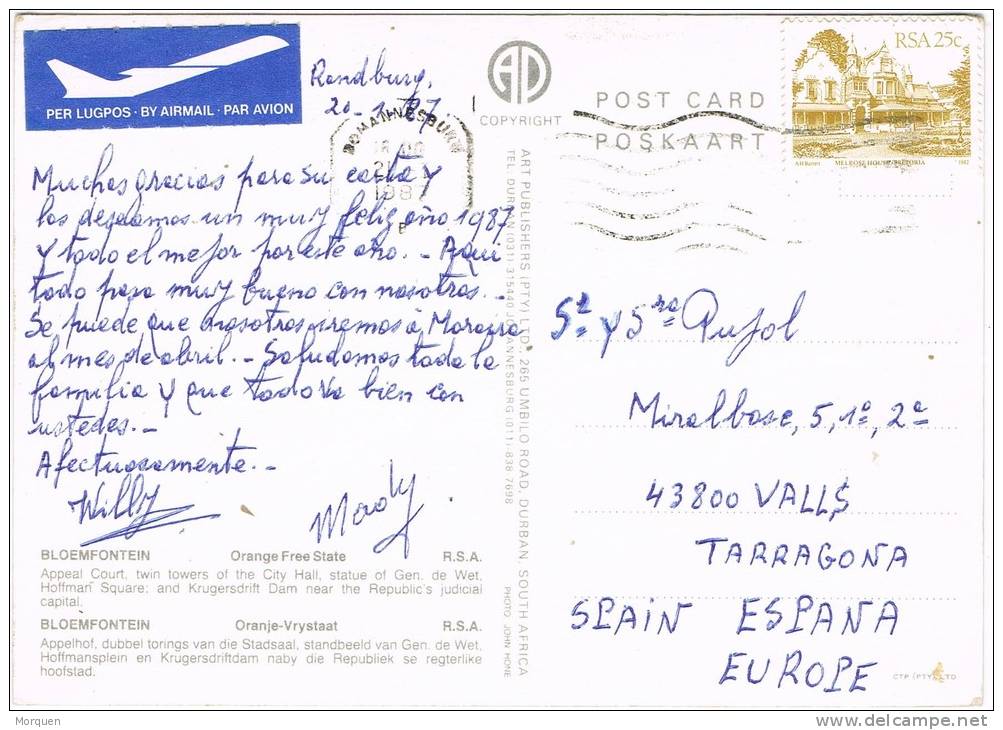 3568. Postal Aerea RANDBURG  Orange Free State (South Africa) 1987. Vistas Bloemfontein - Cartas & Documentos