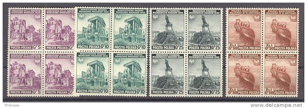 POLAND, EXILE ISSUE 1941, COIMPLETE SET, MNH BLOCKS OF 4 - Government In Exile In London