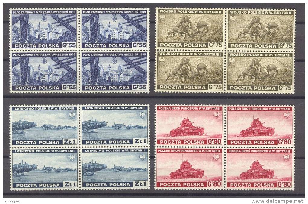 POLAND, EXILE ISSUE 1941, COIMPLETE SET, MNH BLOCKS OF 4 - Government In Exile In London
