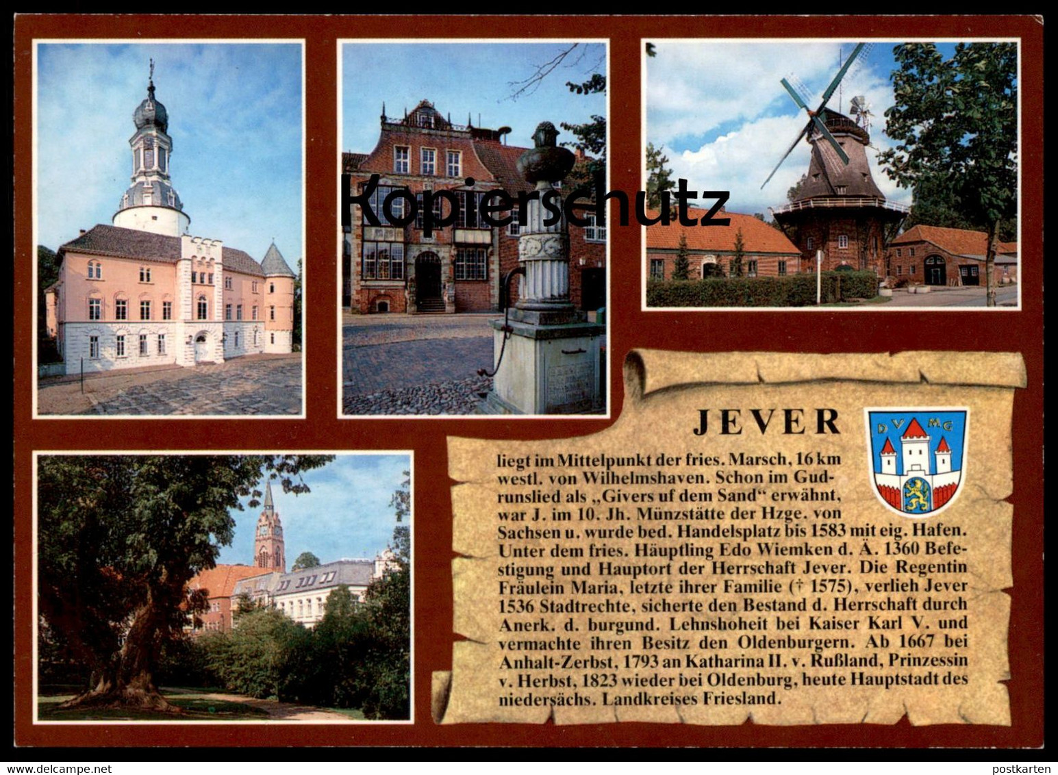 POSTKARTE JEVER MIT WAPPEN & GESCHICHTE CHRONIK Chronikkarte Chronique Chronicle Storycard Mühle Windmill Molen Mill - Jever