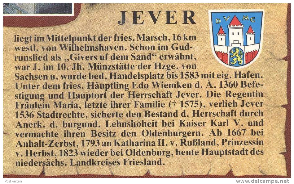 POSTKARTE JEVER MIT WAPPEN & GESCHICHTE CHRONIK Chronikkarte Chronique Chronicle Storycard Mühle Windmill Molen Mill - Jever