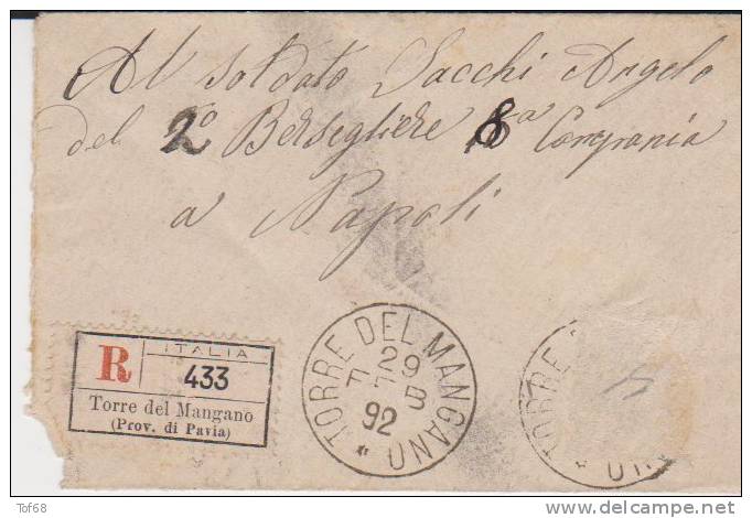 Enveloppe Italie 1892 De Torro Di Mangano Pour Naple Napoli - Storia Postale