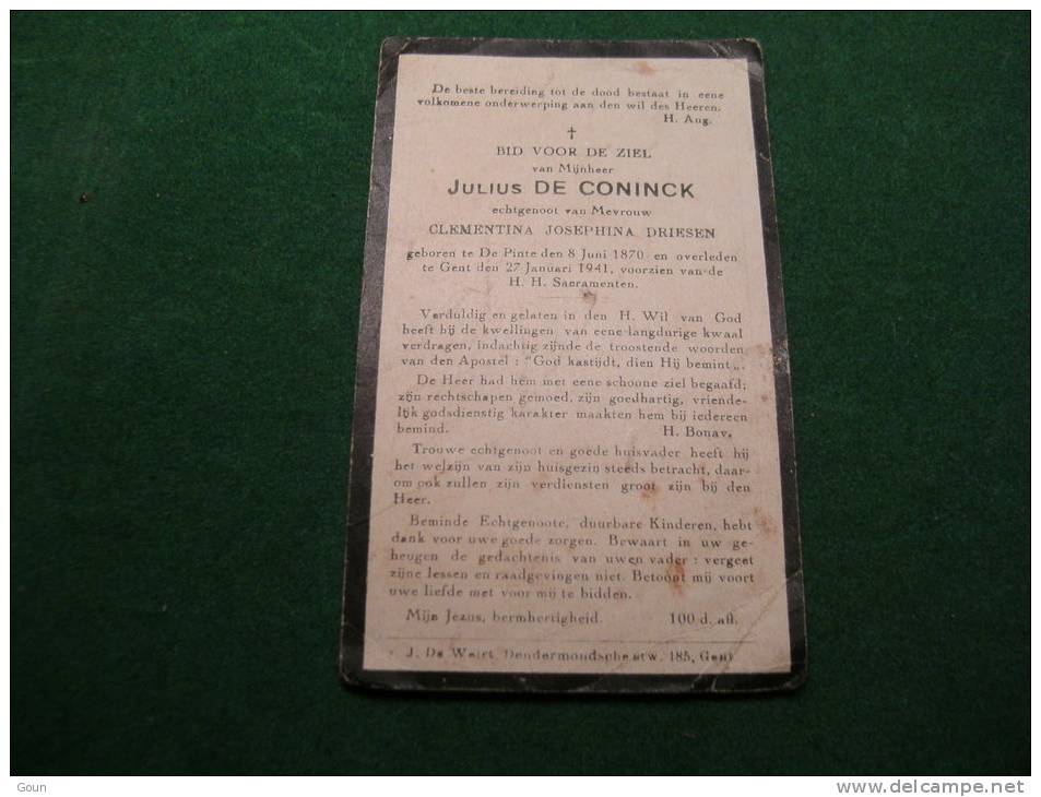 A-3-2-103 Remerciement Décès Julius De Coninck Driesen De Pinte 1870 Gent 1941 - Other & Unclassified