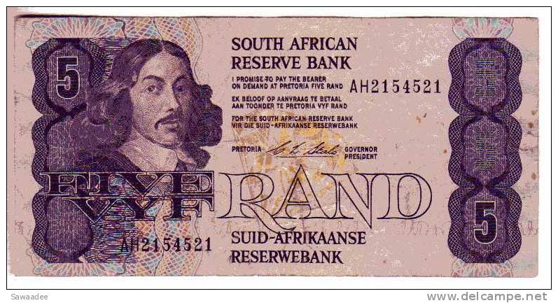 BILLET AFRIQUE DU SUD - P.119e (VOIR SIGNATURE) - 5 RAND - 1990/1994 - JAN VAN RIEBEECK - MINE DE DIAMANT - Sudafrica