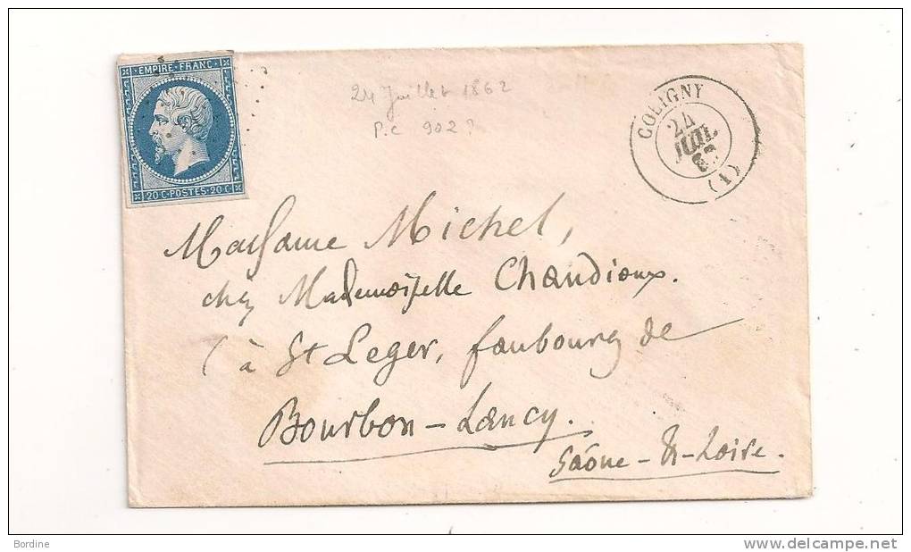 Lettre - AIN - COLIGNY - PC.902 S/TPND N°14 + Càd T.15 - 1862 - 1853-1860 Napoléon III