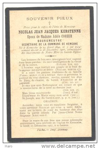 Faire-part De Décès De Mr. Nicolas KERSTENNE - Bourgmestre De KEMEXHE - 1842/1906 (sf65) - Décès