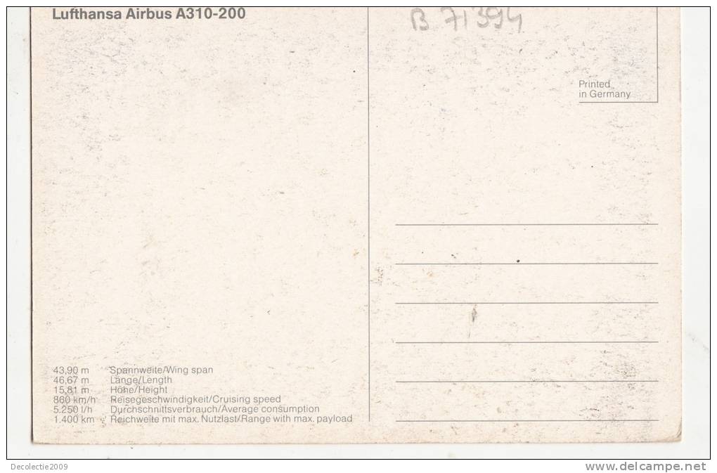 B71394 Lufthansa Airbus A310-200    Plane Plan 2 Scans - 1946-....: Ere Moderne